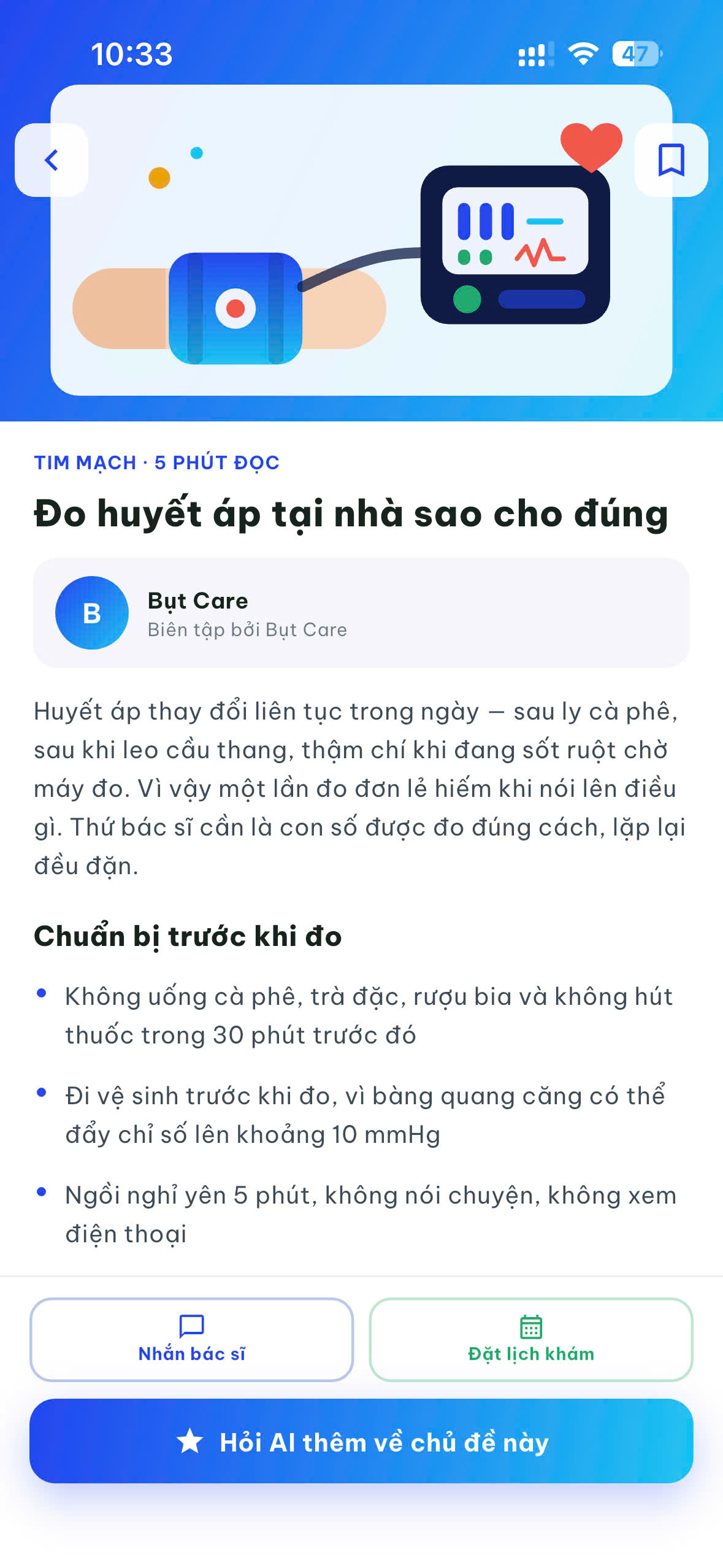 Màn hình Kiến thức sức khỏe của ứng dụng Bụt