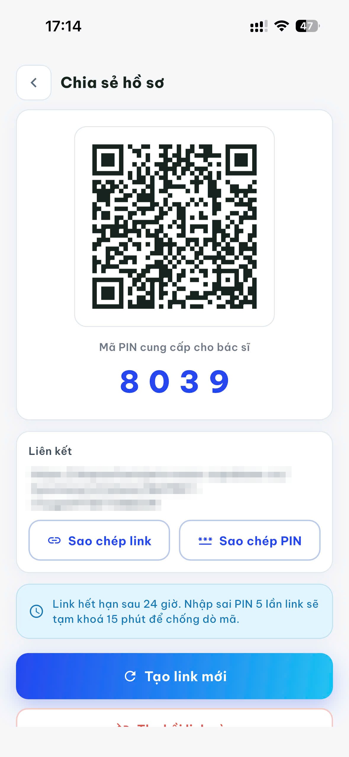 Màn hình Chia sẻ hồ sơ cho bác sĩ của ứng dụng Bụt